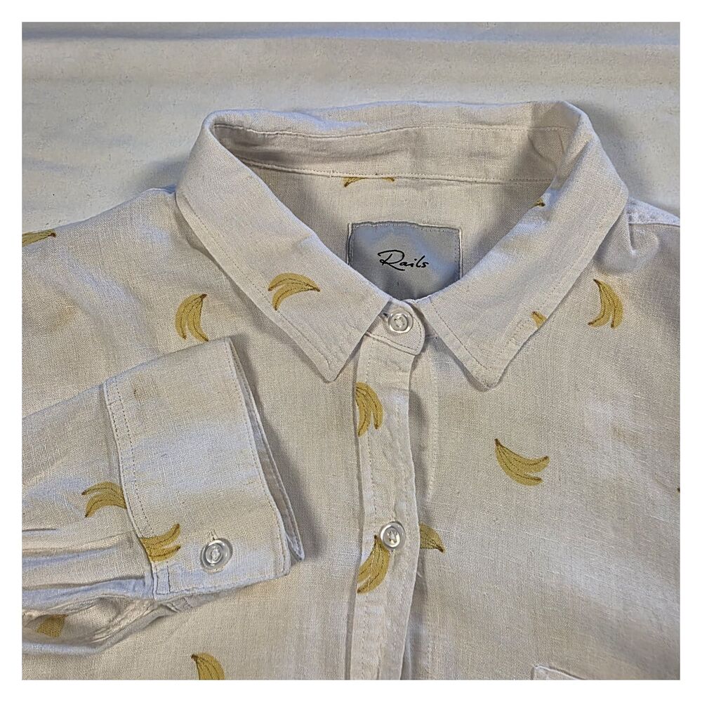 Rails Charli White Yellow Banana Print Linen Rayon Button-Down Shirt Large